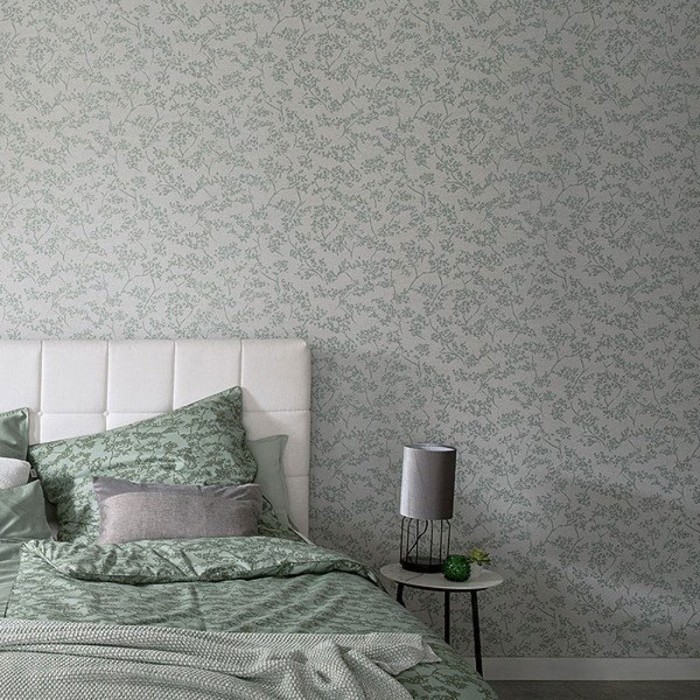 Papeldecor|Wallpaper floral light grey with shiny green leaves|Wallpaper
