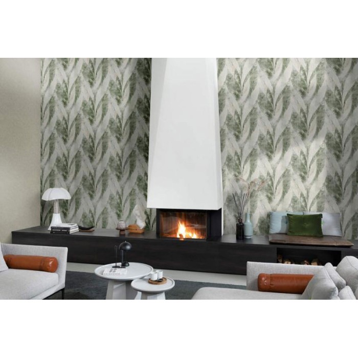 Papeldecor|Papier peint texture style industriel avec gravures de feuilles vertes|Papier Peint