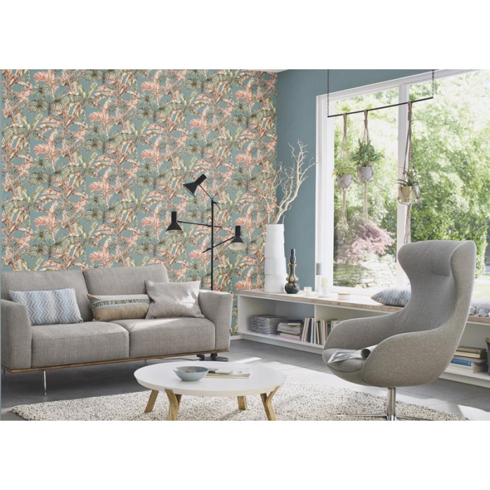 Rasch|Papel pintado tropical palmeras hojas plátano azul|Papel Pintado