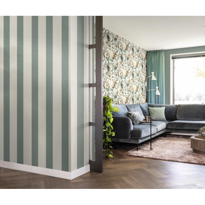 Rasch|Papel pintado rayas anchas verde y crema elegante|Papel Pintado