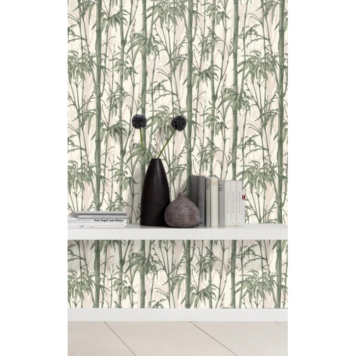 Papeldecor|Papel pintado cañas de bambú oriental blanco y verde|Papel Pintado