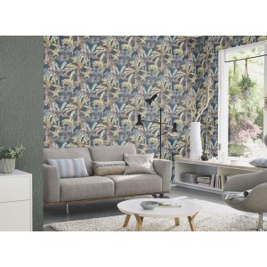 Grandeco|Papel pintado flores tropicales acuarela verde y naranja|Tropical 2