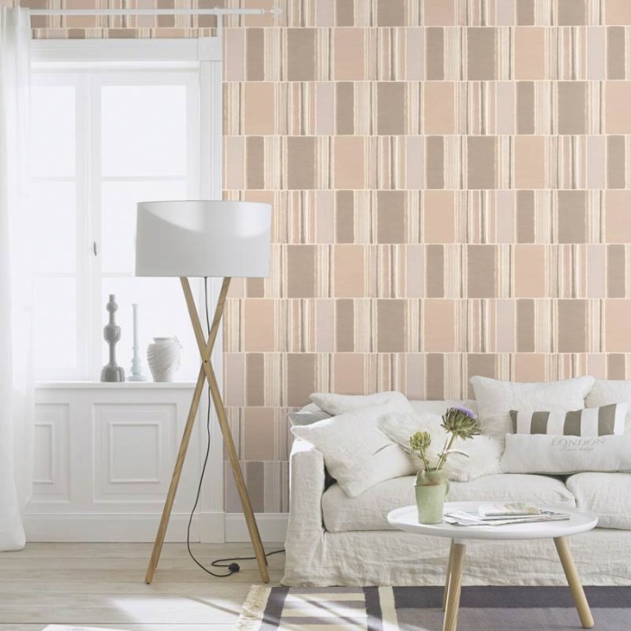 Papeldecor|Wallpaper stripes and squares textile and watercolor effect beige and grey|Wallpaper