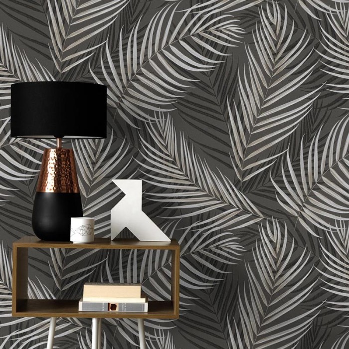 Erismann|Modern wallpaper palm leaves black and silver gray|Wallpaper