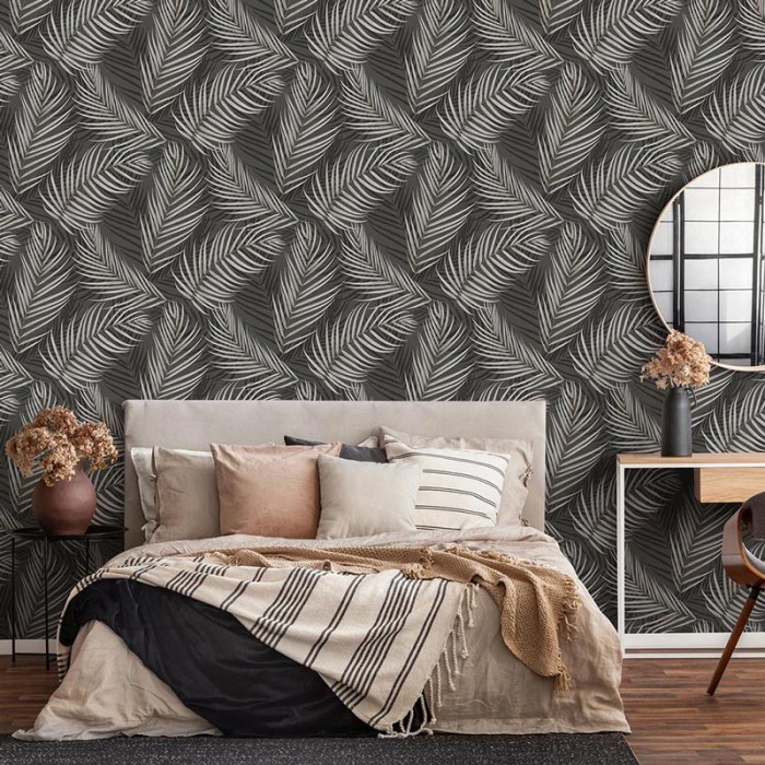 Erismann|Modern wallpaper palm leaves black and silver gray|Wallpaper