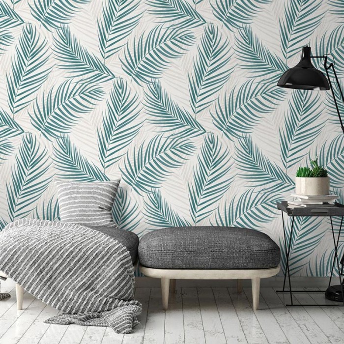 Erismann|Botanical wallpaper palm leaves green beige and white|Wallpaper