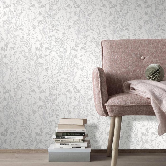 Erismann|Floral wallpaper wild shrubs white and silver|Wallpaper