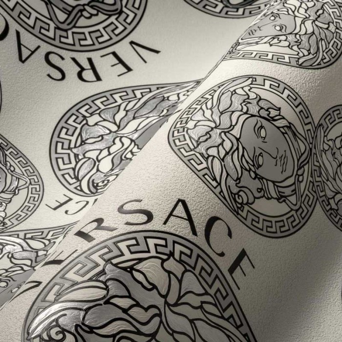 Versace|Papier peint Versace Méduse blanc et argent|Papier Peint