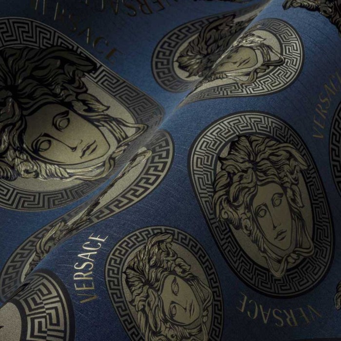 Versace|Papier peint Versace logos bleu et or métallisé|Papier Peint