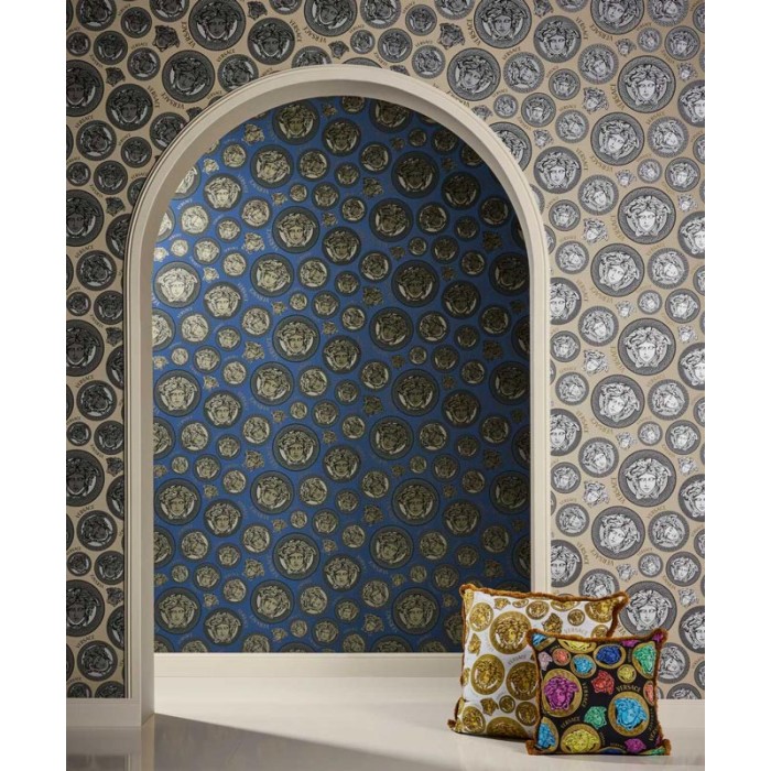 Versace|Papel pintado Versace logo beige y plateado|Papel Pintado