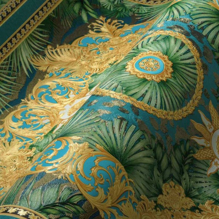 Versace|Papel pintado Versace jungle ornamental verde y dorado|Papel Pintado