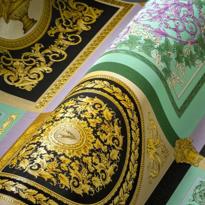 Versace|Papier peint Versace mosaïque baroque vert et or|Papier Peint