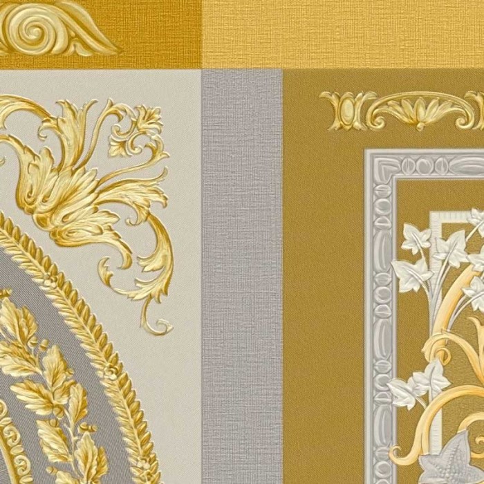 Versace|Papel pintado Versace orfebrería barroca gris y dorado|Papel Pintado