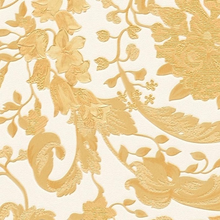 Versace|Papel pintado Versace floral clásico blanco y dorado|Papel Pintado