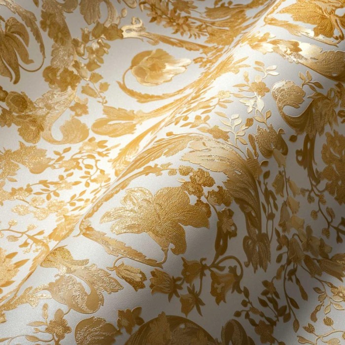 Versace|Papel pintado Versace floral clásico blanco y dorado|Papel Pintado