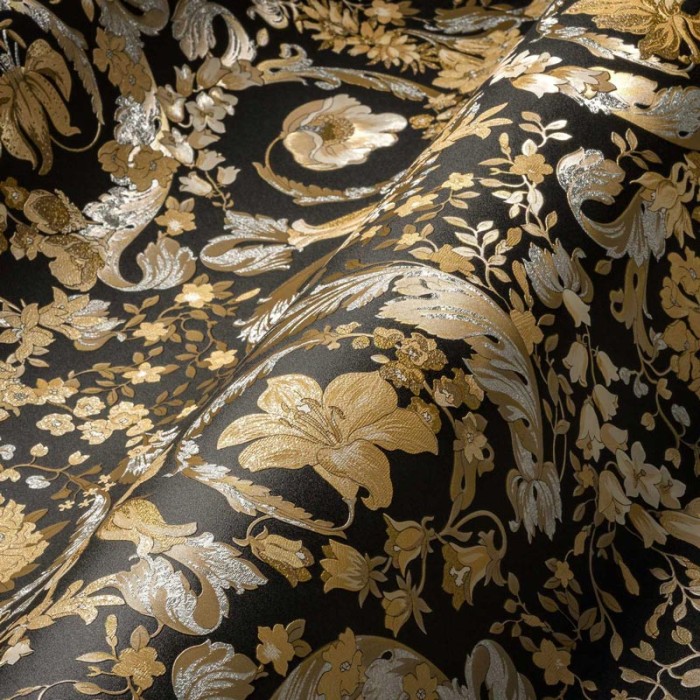 Versace|Papel pintado Versace floral ornamental negro y dorado|Damasco