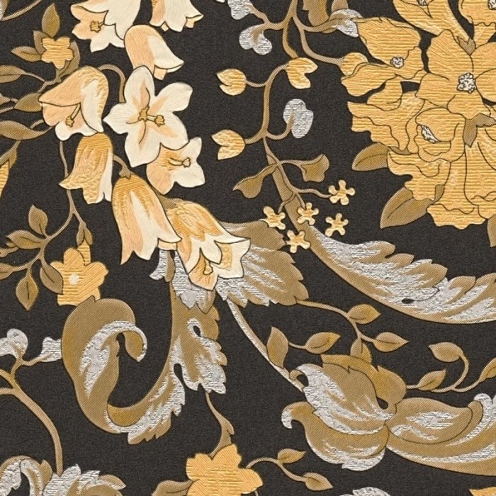 Versace|Papel pintado Versace floral ornamental negro y dorado|Damasco