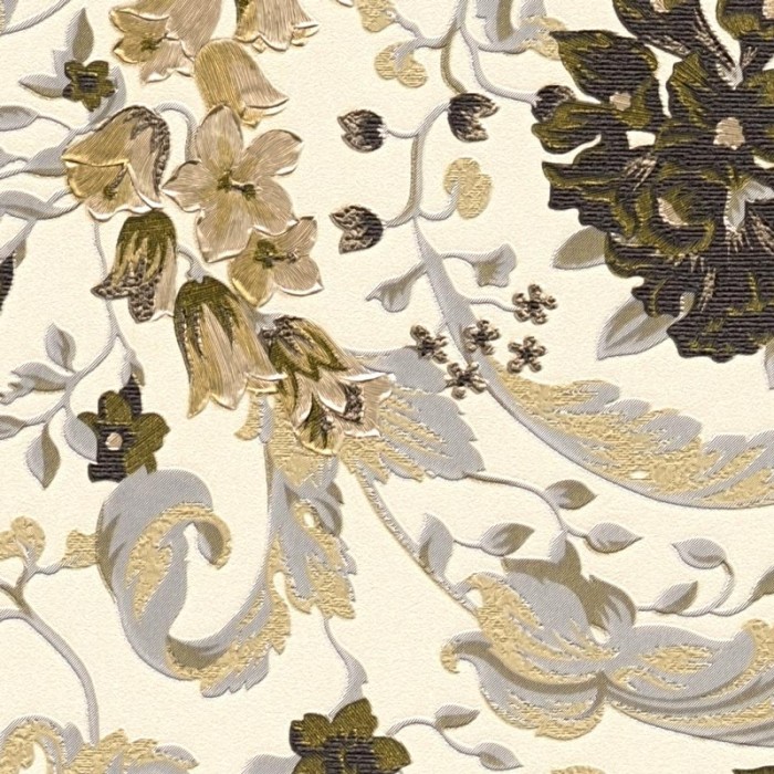 Versace|Papier peint Versace floral ornemental crème, or et noir|Damas