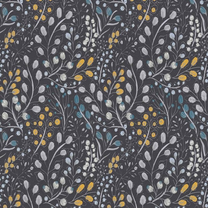 As Creation|Papel Pintado negro florecillas silvestres amarillo y turquesa|Papel Pintado