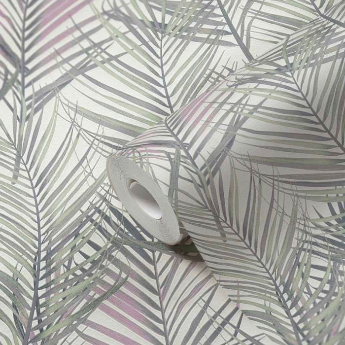 As Creation|Wallpaper green palm leaves, gray and pink tones|Wallpaper