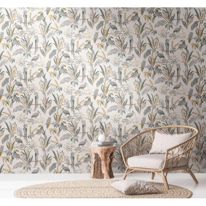 As Creation|Papel Pintado flores y pájaros tropicales blanco|Papel Pintado