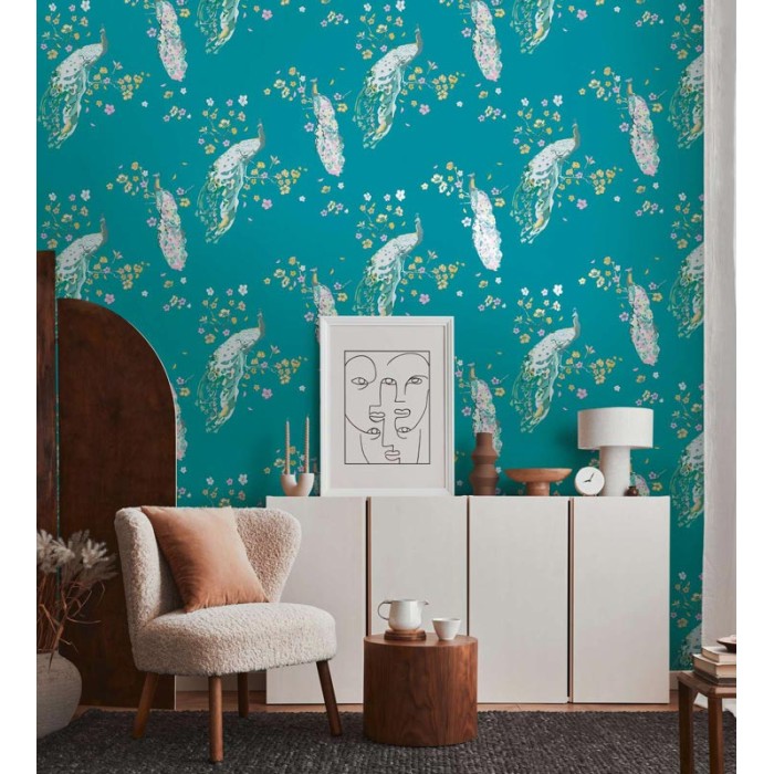 As Creation|Papel Pintado pavos reales con brillo verde turquesa|Papel Pintado