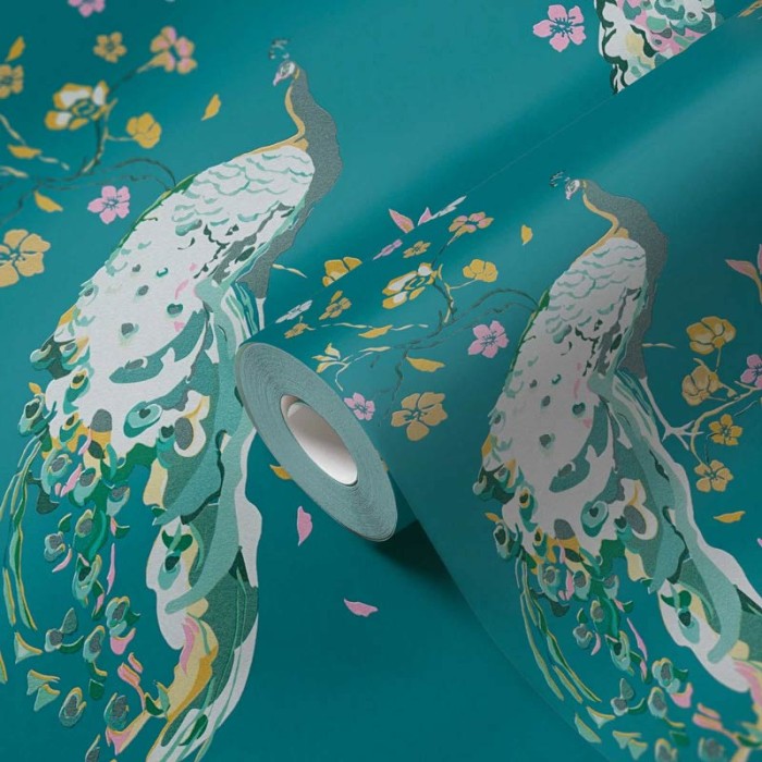 As Creation|Papel Pintado pavos reales con brillo verde turquesa|Papel Pintado