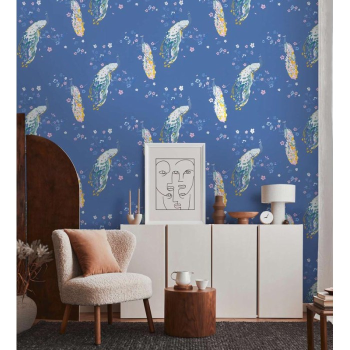 As Creation|Papier Peint paons et fleurs effet brillant bleu|Papier Peint