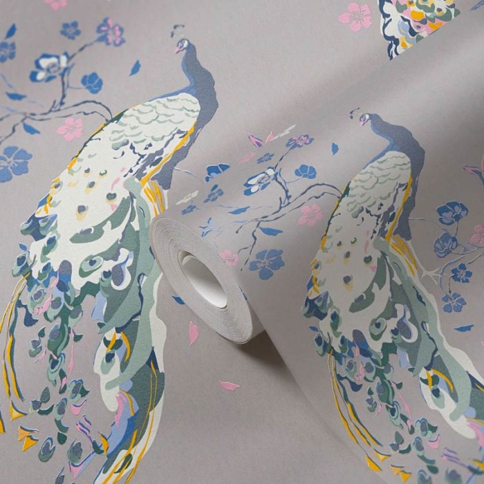 As Creation|Papier Peint aquarelle paons gris|Papier Peint