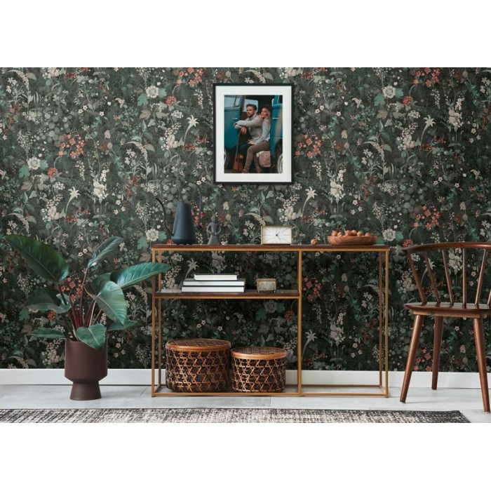 As Creation|Papier Peint floral noir avec des fleurs en gris et vert|Papier Peint