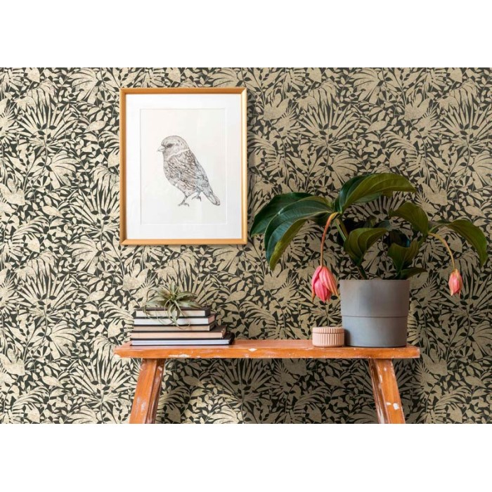 As Creation|Papel Pintado estampado hojas dorado metalizado|Papel Pintado