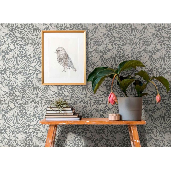 As Creation|Papel Pintado floral plateado hojas efecto texturizado|Papel Pintado