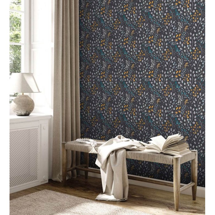 Papeldecor|Tapete kleine Blumen schwarzer Hintergrund gelb|Tapeten