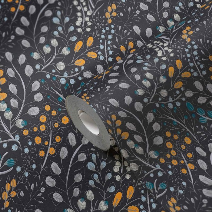 Papel Pintado florecillas fondo negro amarillo -  2-5592