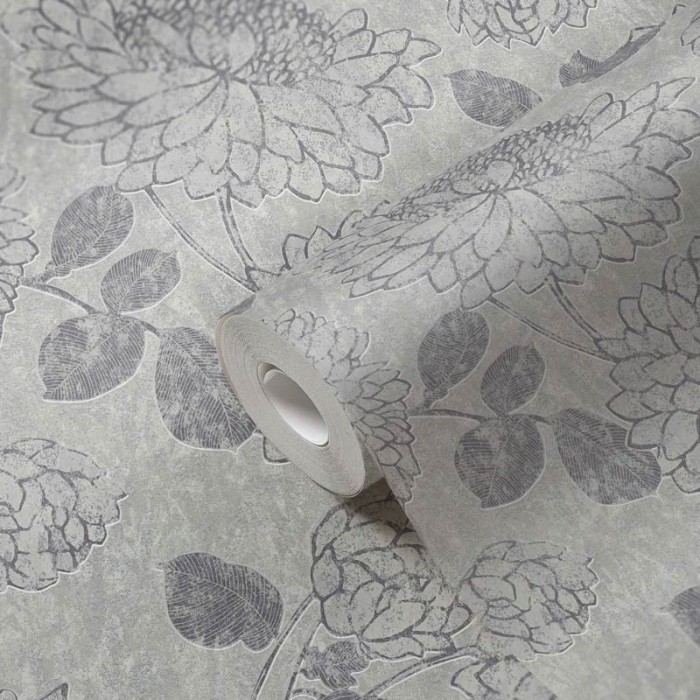 Papeldecor|Papier Peint grandes fleurs gris ciment|Papier Peint