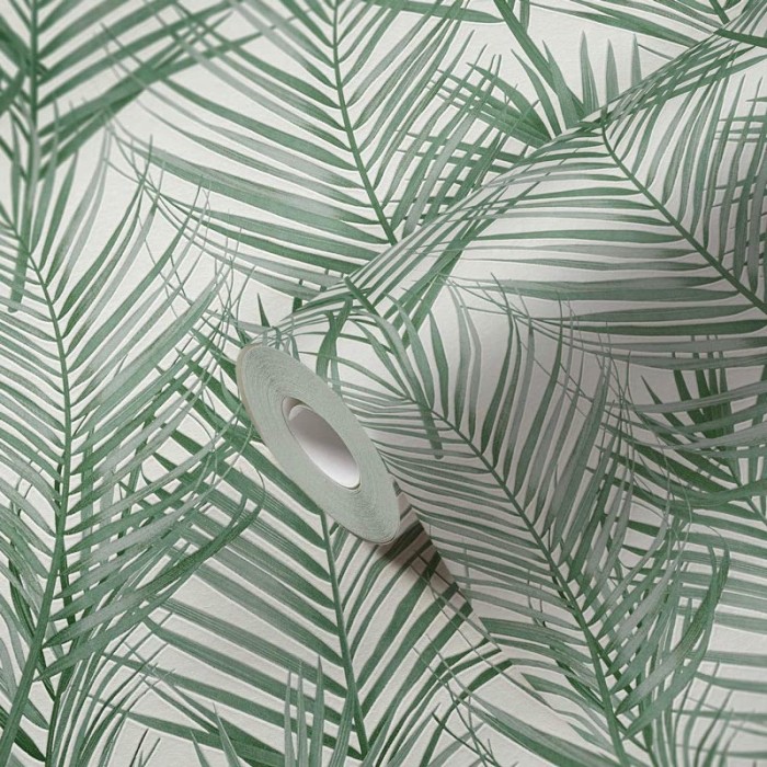 Papeldecor|Papel Pintado palmera relieve blanco verde|Papel Pintado