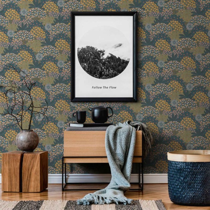 Papeldecor|Tapete kleine Blumen grünes gelbes Feld|Tapeten