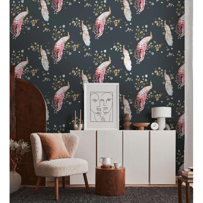 Papeldecor|Tapete glänzende schwarze Pfauen|Tapeten