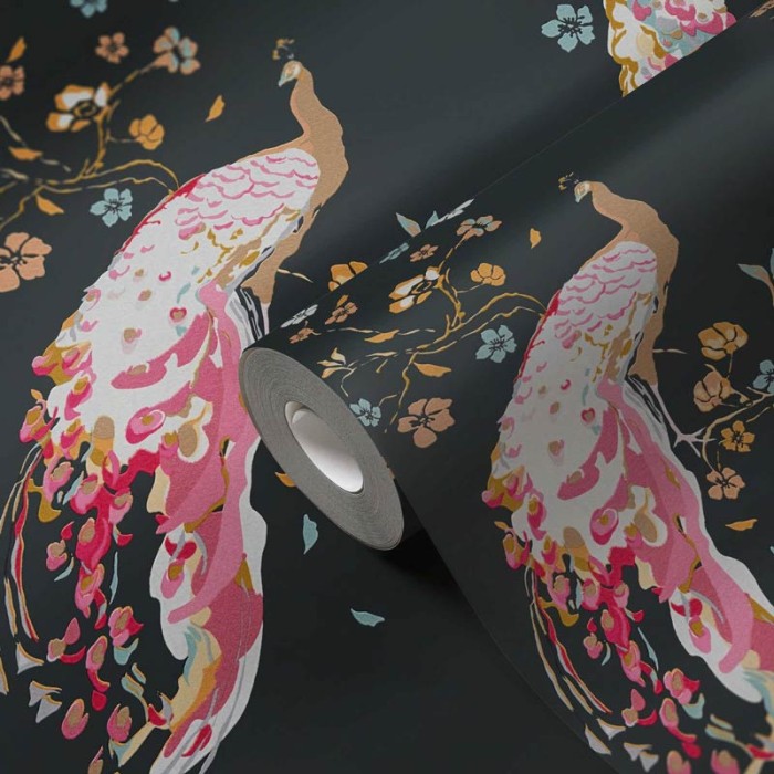 Papeldecor|Tapete glänzende schwarze Pfauen|Tapeten