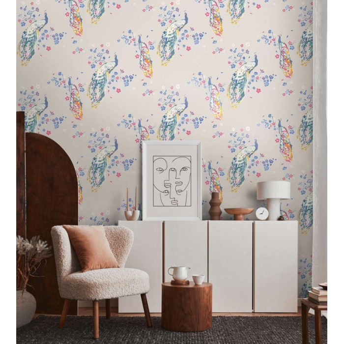 Papeldecor|Tapete leuchtend beige Blumen und Pfauen|Tapeten