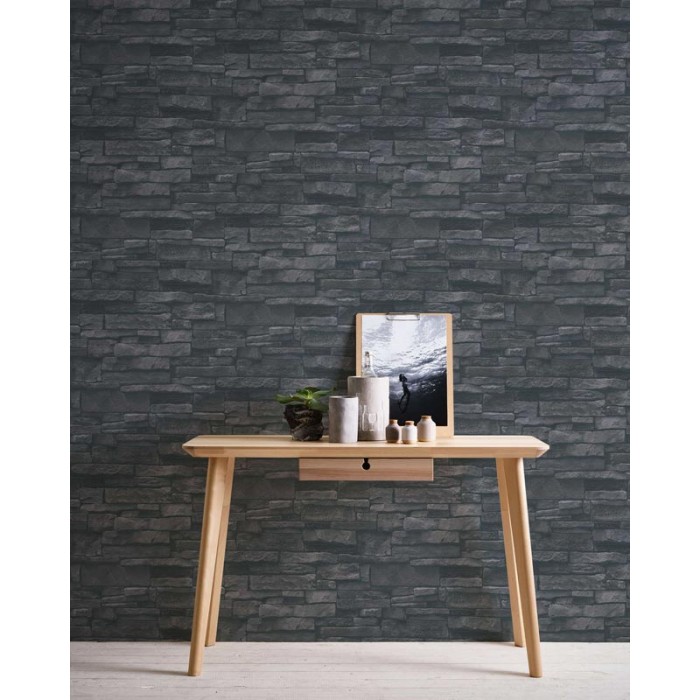 Papeldecor|Tapete glatte schwarze Steinmauer|Steinimitat