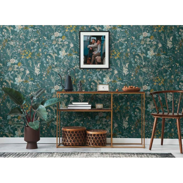 Papeldecor|Papel Pintado flores verdes estilo botánico|Papel Pintado