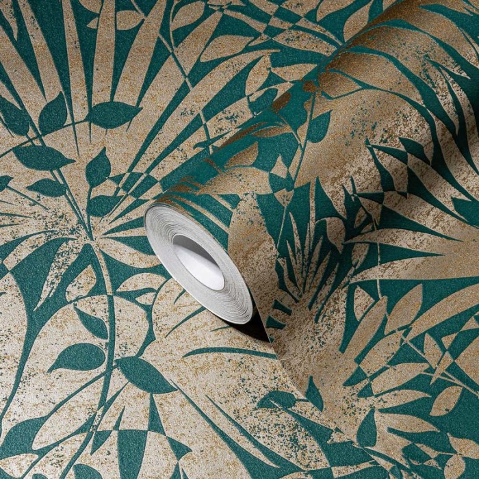 Papeldecor|Papier Peint fleurs vert doré brillant|Papier Peint