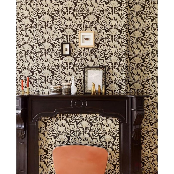 Eijffinger|Papel pintado abanicos japoneses negro dorado brillante|Papel Pintado