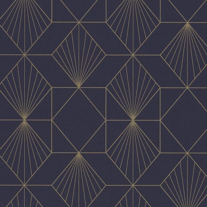 Eijffinger|Papel pintado geométrico art déco azul dorado metalizado|Papel Pintado