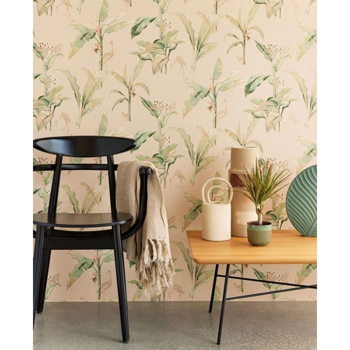 Eijffinger|Tropical wallpaper with banana leaves and monkeys in sand beige|Wallpaper