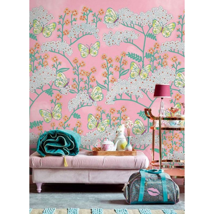 Eijffinger|Wandbild Kinder rosa Schmetterlinge und Blumen|Wandbild