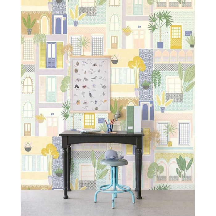 Eijffinger|Wall mural kids neighborhood pastel houses and plants|Wallmurals